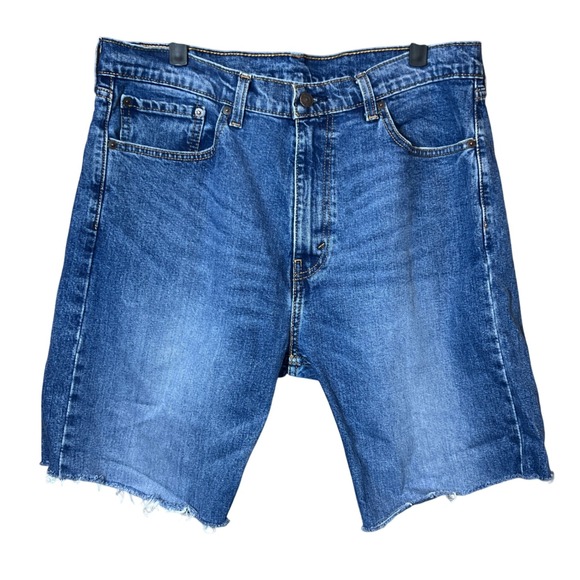 Levis 505 Blue Denim Cut Off Jean Shorts Mens Size 36 Distressed Whiskered - Picture 1 of 14